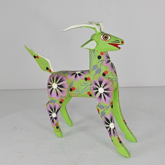 Handcrafted Green Floral Alebrije Deer Goat Figurine By Juan Hernandez Cruz - Picture 2 of 8